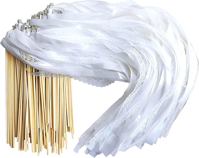Kingsnow 100 Pieces Lace Wedding Ribbon Wands with Triple Ribbon and Silver Bell Wand Silk Fairy Stick Wand Streamers Party Ribbon Sticks Magic Fairy Wands for Wedding Bridal Shower Photo Prop Send