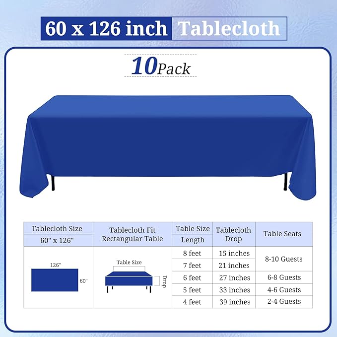 10 Pack Royal Blue Tablecloth 60 x 126 Inch Polyester Table Cloth for 8 Ft Rectangle Tables, Stain and Wrinkle Resistant Washable Table Cover for Kitchen Wedding Banquet Restaurant Party