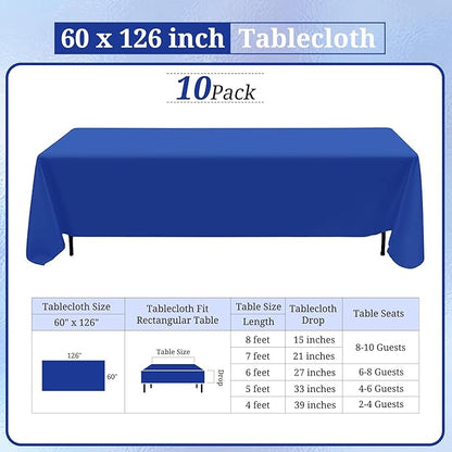 10 Pack Royal Blue Tablecloth 60 x 126 Inch Polyester Table Cloth for 8 Ft Rectangle Tables, Stain and Wrinkle Resistant Washable Table Cover for Kitchen Wedding Banquet Restaurant Party