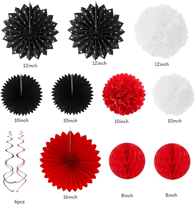 Black White-Red Party-Decorations - 33pcs Birthday Banner,Streamers Tassel Garland,Tissue Pom Poms Honeycomb,Paper Lantern Fans,Men Women Wedding Baby Shower Graduation Backdrop Supplies Decor Hugtmr