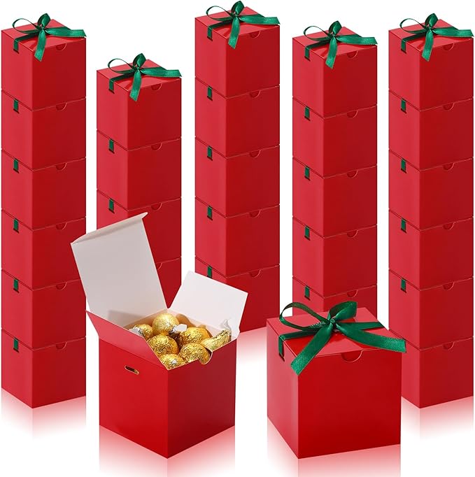 DOYIDE 60 Pcs Small Gift Boxes, 3x3x3 inches Kraft Paper Gift Box with Ribbons, Red Candy Boxes for Christmas Wedding Favors Baby Shower Bridal Shower Birthday Party
