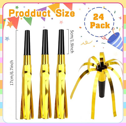 Noise Makers, 24 PCS Gold Noise Makers, Glitter Metallic Fringed Party Blowers Noisemakers Horns for Adults for Birthday Sporting Events Christmas 2025 New Year Eve Party Favor Supplies Decorations