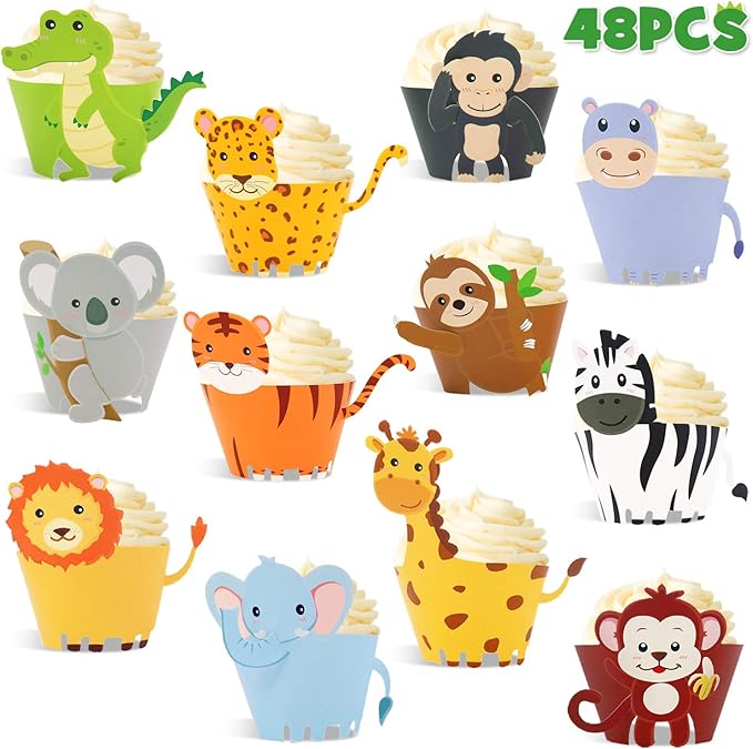 48 Pcs Jungle Safari Animal Cupcake Wrappers Wild Party Cake Decorations Jungle Wild Cake Wrappers for Baby Shower Birthday Themed Decorations Safari Party Supplies