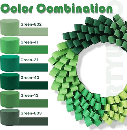 PartyWoo Sage Green Crepe Paper Streamers 4pcs 328ft Pack of Oliver Eucalyptus Green Sand White Crepe Paper Streamers for Birthday Baby Shower Woodland Dinosaur Jungle Football Party Decorations