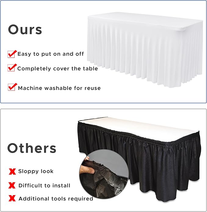 Nasitos White Table Skirt for 6 Foot Rectangle Tables, 4 Pack - 72 x 30 Inch - Stretch Spandex Fitted Table Clothes, Fabric Table Covers Cocktail Tablecloths for Party, Banquet, Birthday