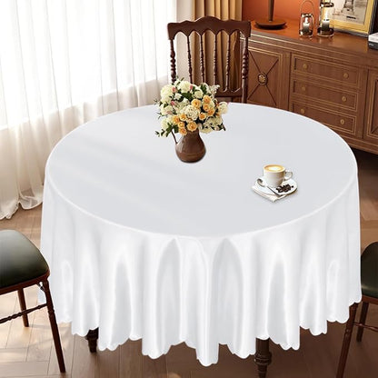 KKJIAF 1 Pack 60 Inch / 5ft Round Table Cloth, White Overlay Round Satin Table Cover, Silky Satin Dining Tablecloths for Wedding Buffet Parties Banquet Decoration