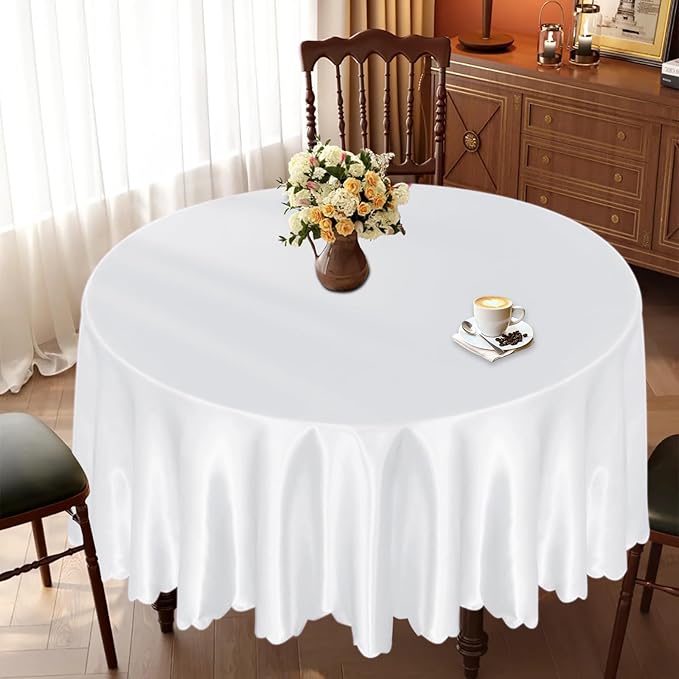 KKJIAF 1 Pack Round Table Cloths 90 Inch, White Overlay Round Satin Table Cover, Silky Satin Dining Tablecloths for Wedding Buffet Parties Banquet Decoration