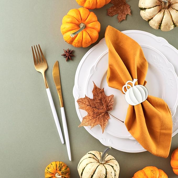 Halatool Thanksgiving Pumpkin Napkin Rings Set of 12, Alloy Fall Napkin Rings Dinner Tables Holders for Thanksgiving Halloween Weddings Holidays Gathering Dinner Party (White)