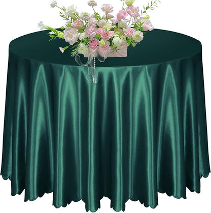 KKJIAF 1 Pack 108 Inch Round Table Cloth, Hunter Green Overlay Round Satin Table Cover, Silky Satin Dining Tablecloths for Wedding Buffet Parties Banquet Decoration