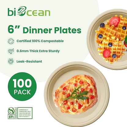 6 Inch Compostable Plates 100 Pack Heavy Duty Compostable Paper Plate, Disposable Eco-Friendly Sugarcane Bagasse Plate, Natural Brown Plates for Dinner, Dessert, and Weddings