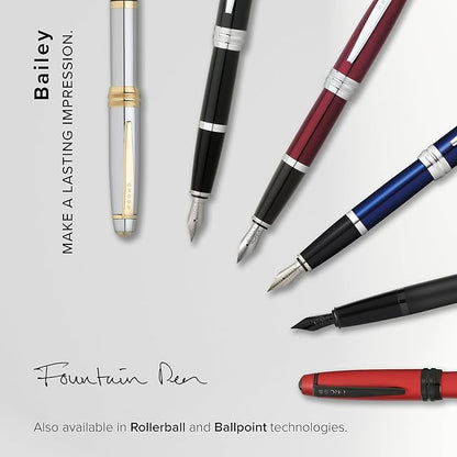 Cross Bailey Matte Red Lacquer Fountain Pen with polished black PVD appointments, Extra Fine Nib