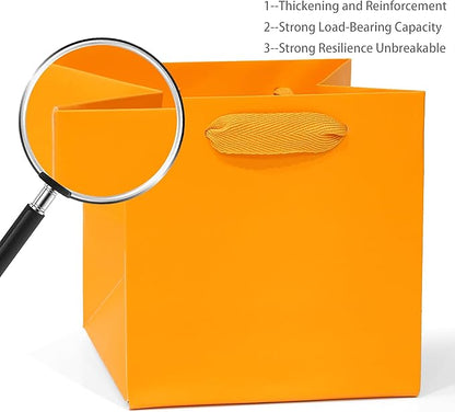 Orange Paper Gift Bag Small Square Bottom Kraft Paper Bags with Handles for Halloweens Wedding Baby Shower Birtyday Party (Orange, 6 x 6 x 6 in, 10 CT)