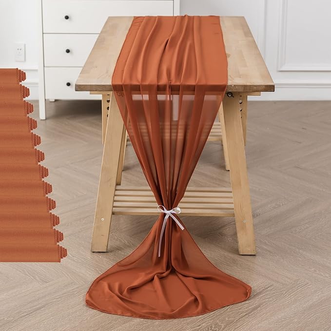 12Pack 9ft Chiffon Table Runner 14x108 Inch Sheer Romantic Table Runner for Wedding Birthday Party Bridal Shower Outdoor Decoration-Rust
