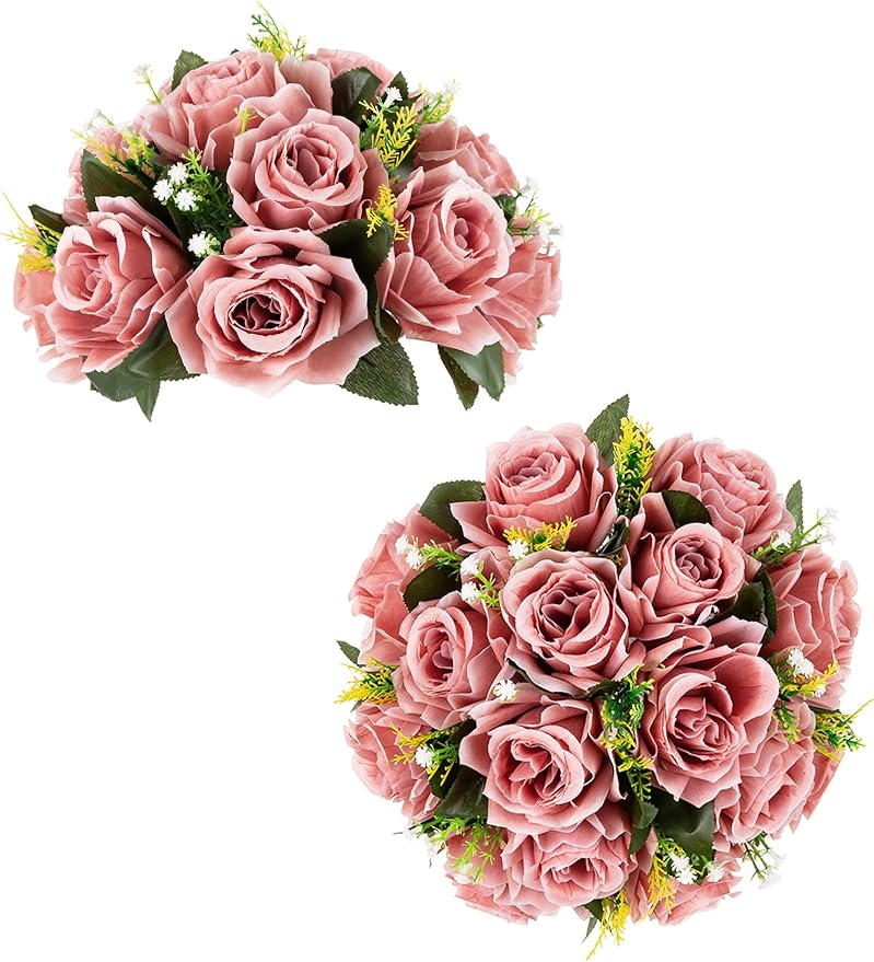 BLOSMON Dusty Pink Flowers Centerpieces: 2 Pcs Artificial Roses Flowers Balls for Wedding Dinning Table - Fake Silk Kissing Floral Arrangement for Home Party Event Decor