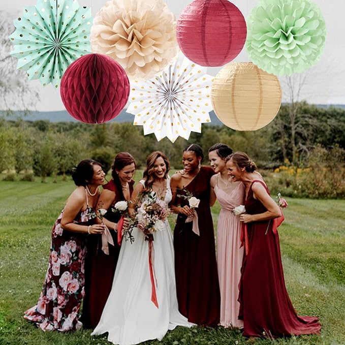 Sage-Olive Green Burgundy Champagne-Gold Party-Decorations - 14pcs Birthday Boho Paper Lanterns Fan Streamers,Tissue Pom Poms, Christmas Baby Bridal Shower Wedding Engagement Decor Lasting Surprise