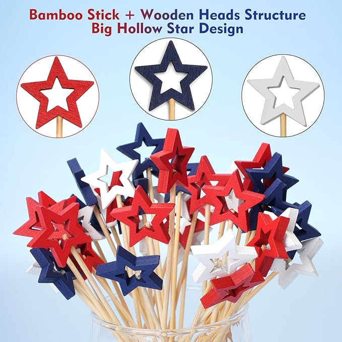 Minisland Mixed Red Blue White Star Cocktail Picks, 5.5 Inch Long Bamboo Fancy Toothpicks for Appetizers, Decorative Independence Day Party Food Drinks Garnish Fruit Skewer Sticks 50 Counts - MSL435