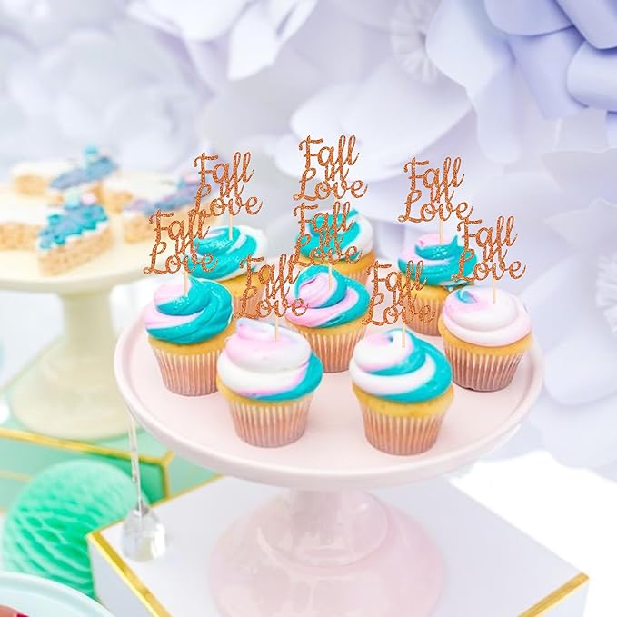24 PCS Fall in Love Cupcake Toppers Glitter Fall Theme Bridal Shower Cupcake Picks for Autumn Wedding Engagement Anniversary Birthday Party Cake Decorations Supplies Orange
