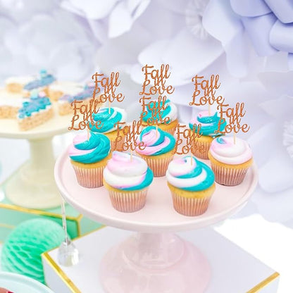 24 PCS Fall in Love Cupcake Toppers Glitter Fall Theme Bridal Shower Cupcake Picks for Autumn Wedding Engagement Anniversary Birthday Party Cake Decorations Supplies Orange