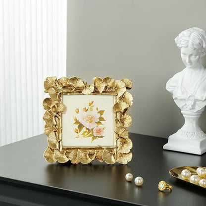 Cuspin 4x4 Picture Frame Small Gold Frames, Vintage Ornate Leaf Textured Hand-Crafted Resin with Glass Front, Antique Photo Frame for Tabletop Display, Retro Design Home Decor