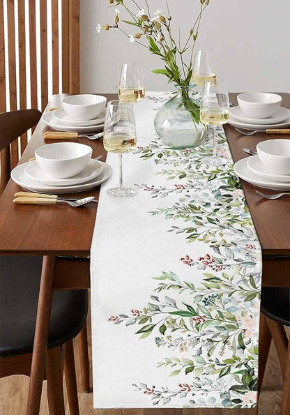 Botanical Eucalyptus Cotton Linen Table Runner for Dining Kitchen, Wedding Outdoor Party Tablerunners Decoration, Sage Green Leaves Elegant Floral Dresser Scarf Coffee Tablecloth Runners 13x36 Inches