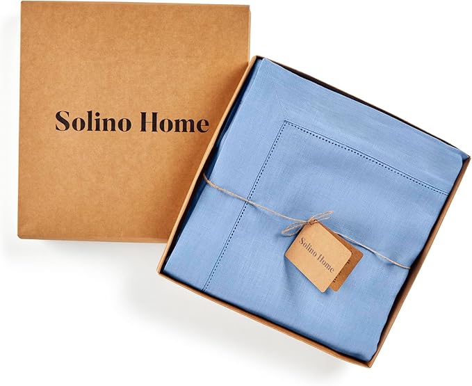 Solino Home Cornflower Blue Linen Tablecloth 60 x 90 Inch - 100% Pure Linen Hemstitch Table Cloth for Rectangle Tables - Classic Hemstitch, Machine Washable Tablecloth for Christmas, Holiday