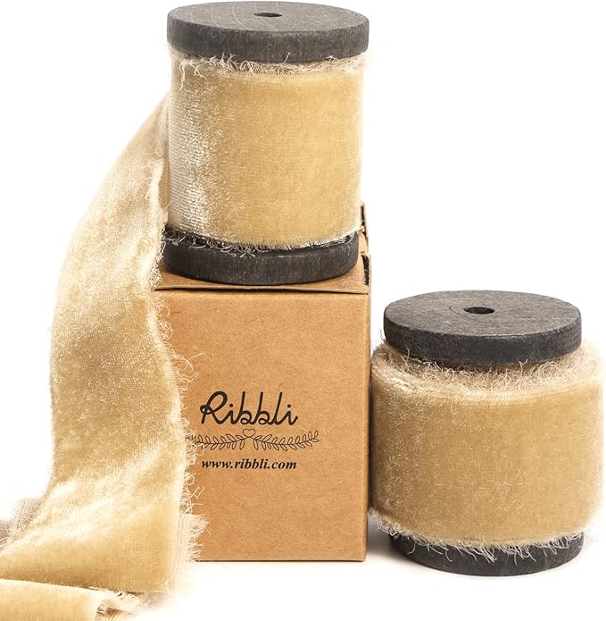 Ribbli Light Champagne Velvet Ribbon 1.5 Inch Handmade Frayed Christmas Ribbon for Gift Wrapping Christmas Tree Ornament Wreath Craft Home Decor -Total 3 Yards with Wooden Spool