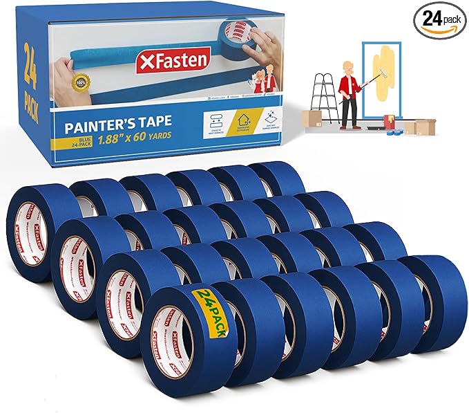 XFasten Blue Painters Tape Bulk, 1.88 Inch x 60 Yards, 1440 Yards Total (24-Pack) Blue Painters Masking Tape Bulk - Sharp Edge Line Technology, Produces Sharp Lines | Residue-Free Wall Trim Tape