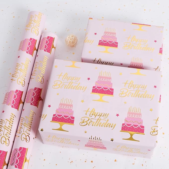 Aimyoo Pink Birthday Wrapping Paper Roll - 17 Inch X 16.4 Feet - Gold Foil Celebration Cake, Happy Birthday Lettering Design Gift Wrap for Kids, Baby Showers