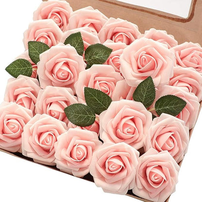 Floroom Artificial Flowers 25pcs Real Looking Blush Heirloom Foam Fake Roses with Stems for DIY Wedding Bouquets Pink Bridal Shower Centerpieces Floral Arrangements Party Tables Home Decorations