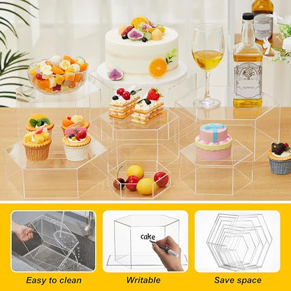 Leinuosen 7 Pcs Large Buffet Risers Set 6" to 12" Acrylic Display Box Catering Dessert Table Riser Food Display Decorative Stand with Hollow Bottom for Catering Supplies(Clear, Hexagonal)