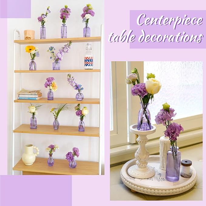 Glass Bud Vases 24 in Bulk, Small Purple Vase Glass Vases for Flowers Modern Ribbed Colored Bud Vase for Decor Wedding Flower Vase in Bulk Vintage Decor Bridal Shower Centerpieces Home Decoration