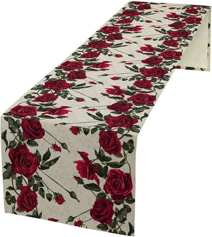 Rose Table Runner, Retro Red Rose Flowers Green Leaves Valentine's Day Kitchen Dinning Table Runner for Indoor Outdoor Home Wedding Party Holiday, 13x36 Inch