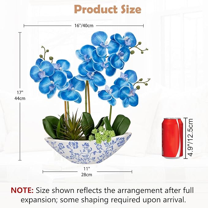 Briful Blue Orchid Fake Flowers 17in Artificial Orchid Silk Flowers in Blue and White Vase Faux Orchid Arrangement for Home Office Bathroom Table Shelf Modern Decoration