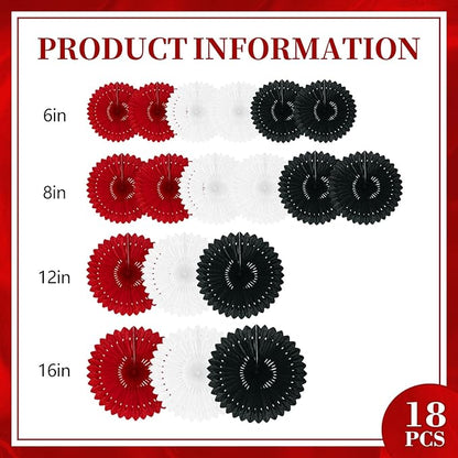 18 Pcs Red White Black Hanging Paper Fan, Hanging Honeycomb Round Paper Fans for Weddings, Birhdays, Christmas, Baby Showers, Classroom, Bachelor Ceiling Party Supplies