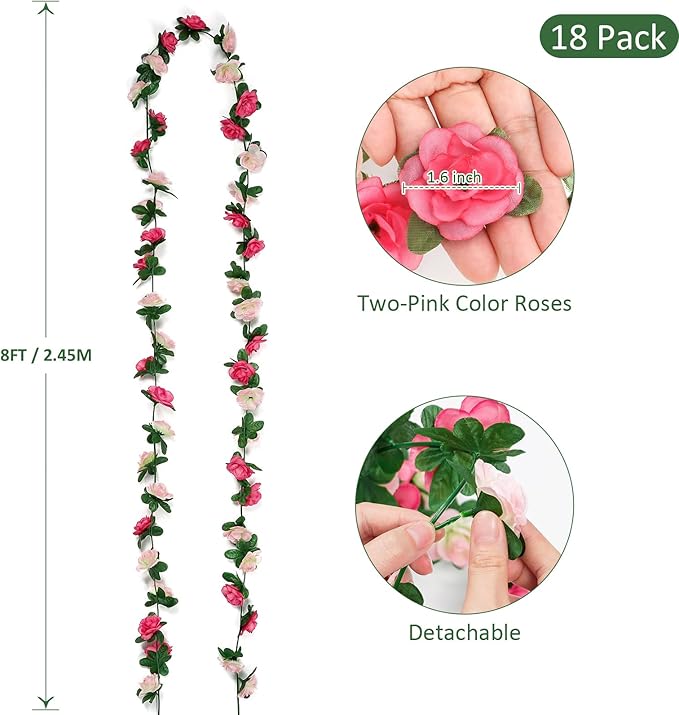 KHOYIME 18 Pack 144 FT Artificial Flower Garland, Fake Pink Roses Vines Silk Flowers Faux Plastic Outdoor Hanging Floral Ivy Garland Decoration for Wedding Arch Bedroom Home Wall Backdrop Room Decor