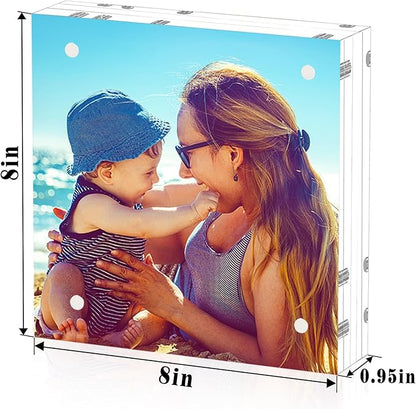 HELPLEX 2 Pack 8x8 Acrylic Picture Frames, 24mm Thicker Square Frameless Clear Frame Double Sided Magnetic Frame, Free Standing Desktop Display Stand