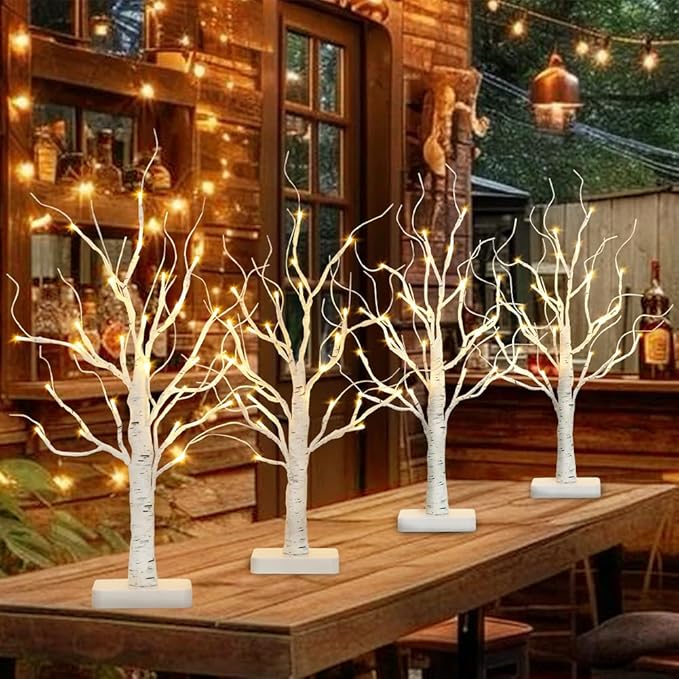 Vanthylit 4 Pcs Lighted Birch Tree Battery Powered Tabletop Tree Decorations for Home Fireplace Party Christmas Decorations (22 Inch)