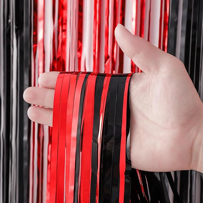 4 Pack 3.3x8.2 Feet Red and Black Foil Fringe Backdrop Curtains, Tinsel Streamers Birthday Party Decorations, Fringe Backdrop for Graduation, Baby Shower, Gender Reveal, Disco Party