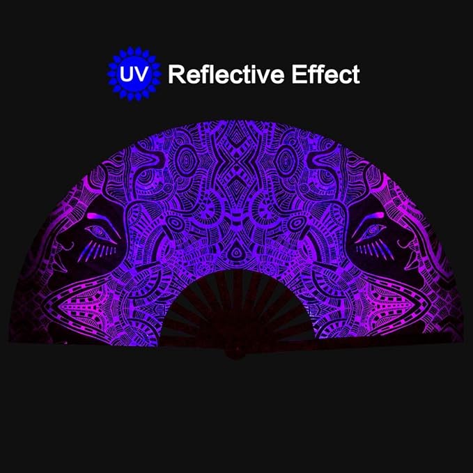 UV Glow Rave Fan, Bamboo Folding Clack Hand Fans Foldable for Men Women, Boots on the Ground Poping Fan for EDM Festival Line Dance Decoration, (Kaleidoscope Girls, Large 13")