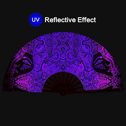 UV Glow Rave Fan, Bamboo Folding Clack Hand Fans Foldable for Men Women, Boots on the Ground Poping Fan for EDM Festival Line Dance Decoration, (Kaleidoscope Girls, Large 13")