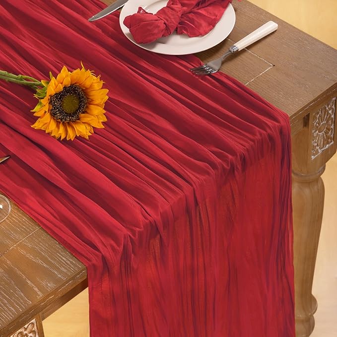 Red Cheesecloth Table Runner 4 Pack Fall Table Runners Boho Gauze 120 Inches Red Cheese Cloth Fall Table Decorations for Thanksgiving Weddings Bridal Baby Shower Candlelight Dinner Party