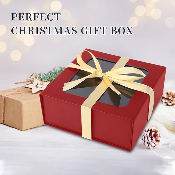 Red Gift Boxes with Window,7.5"x7.5"x3.1" Bridesmaid Boxe for Gift Giving,Birthday Gift Box with Magnetic,Closure Lid Gift Boxes for Presents,Cute Boxe,Luxury for Gift Packaging,Gift Box for Wrapping Gifts