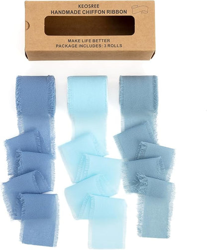 Baby Blue Dusty Blue Handmade Chiffon Ribbon,1.5" x 21Yd Frayed Silk Ribbons for Wreaths Bridal Flower Bouquet Christmas Gift Wrapping Wedding Decor Invitations Decorations (7Yards X 3 Rolls)