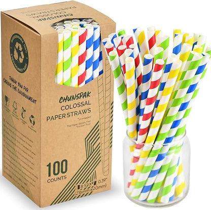 [10mm Wide] 8.5 inch Colossal Paper Straws for Smoothie & Milkshake - Colorful Stripes (Pack of 100)