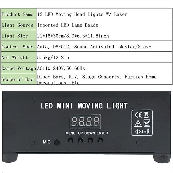 Moving Head DJ Light with Rotating Beam - Stage Light, Sound Activated, DMX512, Perfect for DJ, KTV, Disco, Party, Wedding, Festival