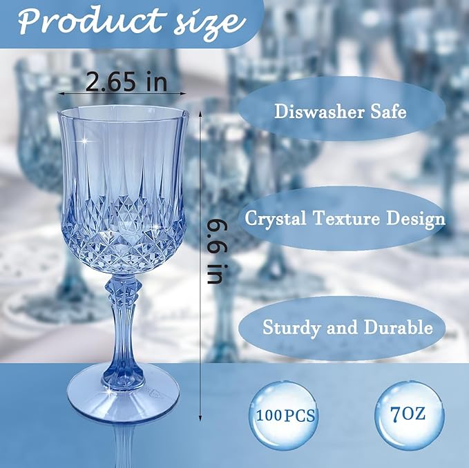 Plastic Wine Glasses，Plastic Goblets Vintage Style Cordial Drinking Glasses for Wedding Reception, Grand Event Party Supplies (100, Blue)