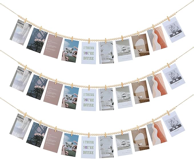 Hanging Photo Display with Clips, Boho Wooden Bead Garland Collage Picture Frame Wall Decor, Photo String with 10 Clips for Bedroom Room Dorm Cubicle Decor, Christmas Teen Girls Gifts, 3 Pack