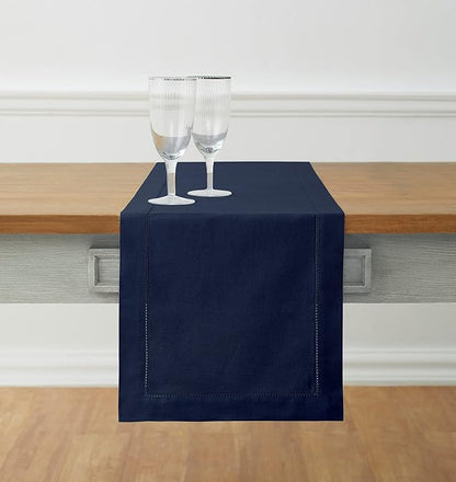 Solino Home Navy Blue Table Runner 60 Inches - Cotton Linen Hemstitch Coffee Table Runner 14 x 60 Inch Ideal for Dresser Tables - Fall, Autumn, Halloween, Thanksgiving, Christmas, Holiday