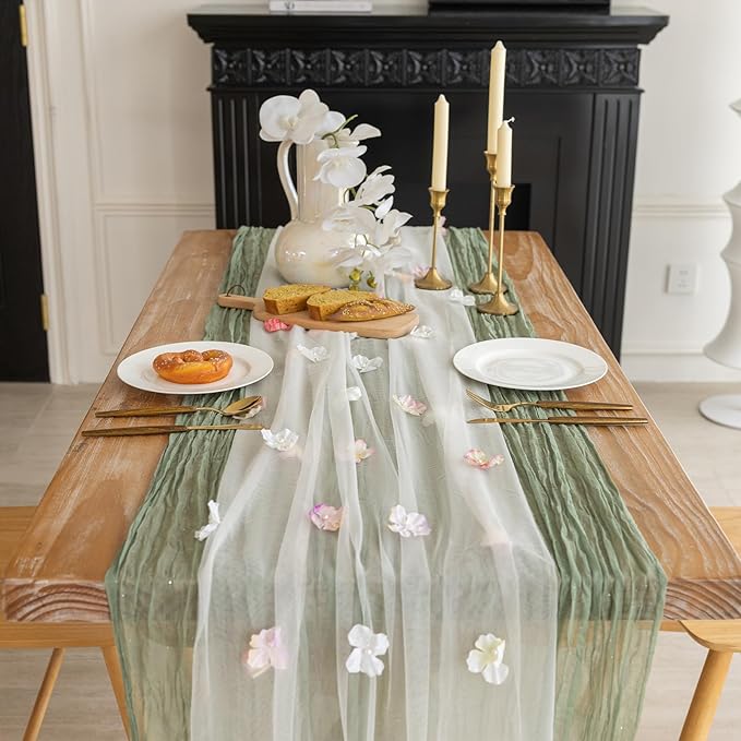 Romantic Artificial Floral Table Runner 10ft Gauze Tulle Lace Table Runner Set for Wedding Baby Shower Bridal Shower Holiday Kitchen Dining Table Decoration for Home Party Special Occasion
