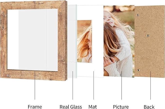 8x8 Picture Frame Set of 4 with HD Glass, Display 6x6 Pictures with Mat or 8 x 8 Without Mat, Square Wood Photo Frame for Wall Mount and Tabletop Display